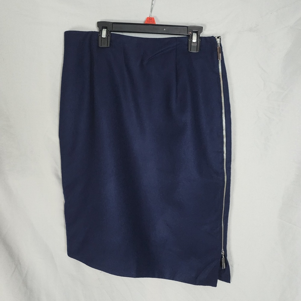 SIMPLE Size 38 Navy 100% Virgin Wool‎ Asymmetrical Full Side Zip Lined Skirt EUC